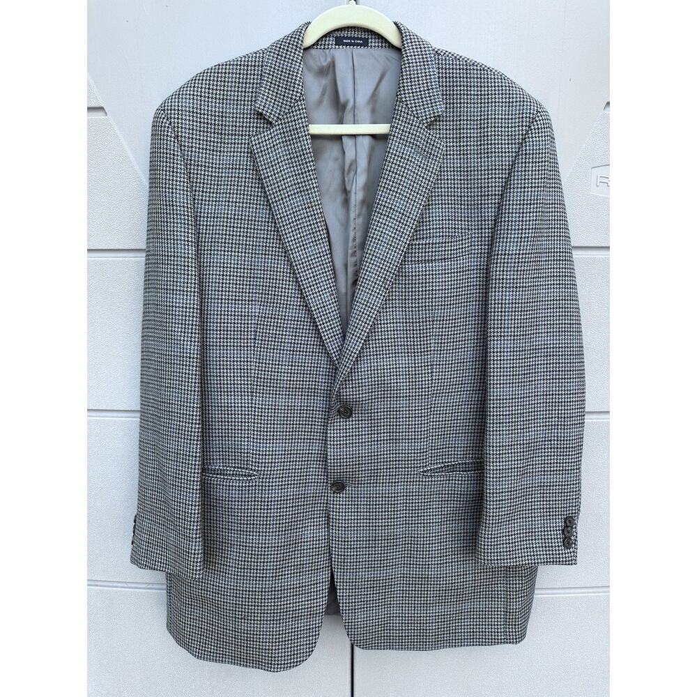 Lauren Ralph Lauren 44L Blazer 100% Lambs’ Wool Houndstooth Grey Blue Sport Coat